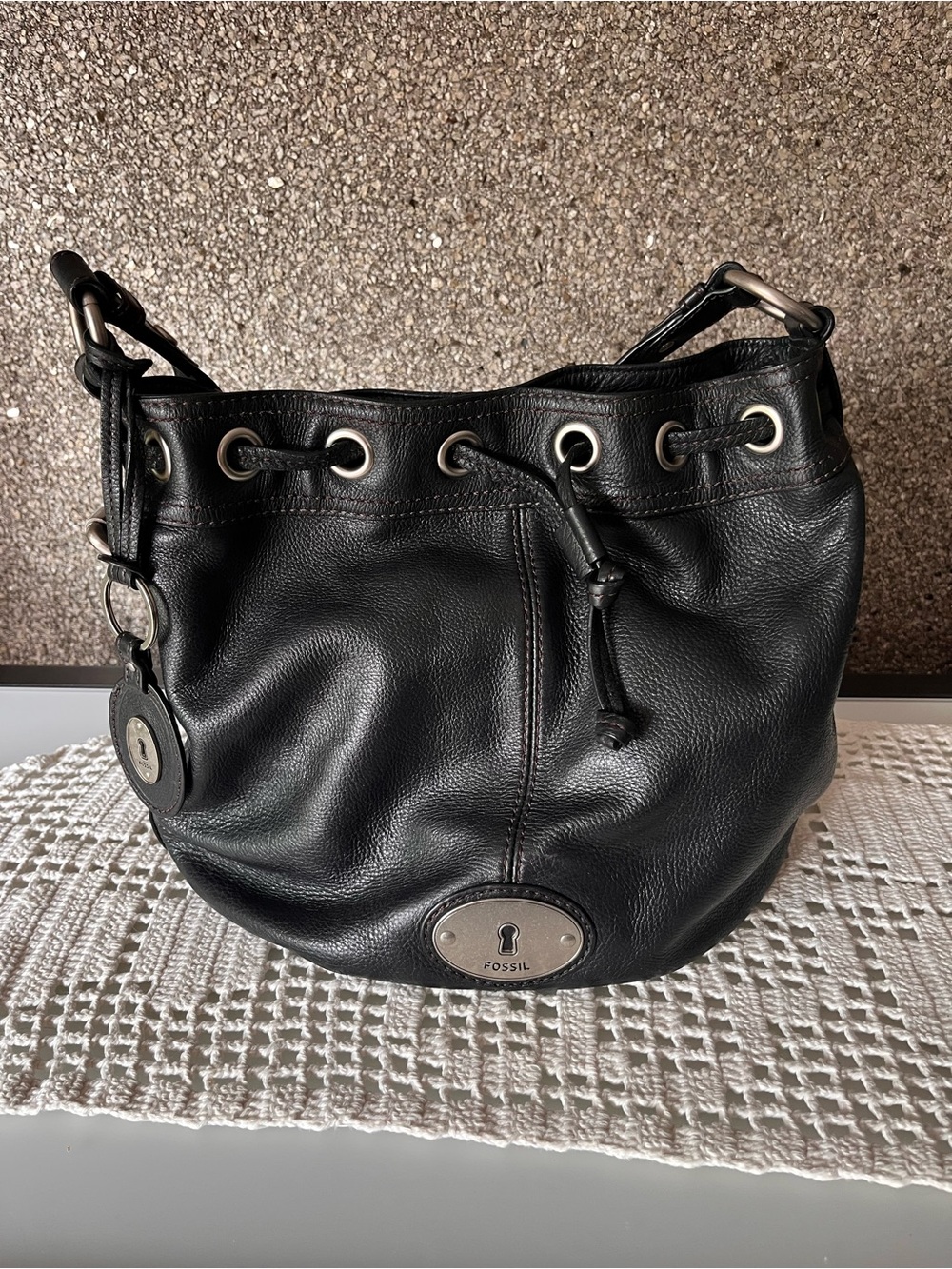 Fossil Black Leather Drawstring Shoulder Bag